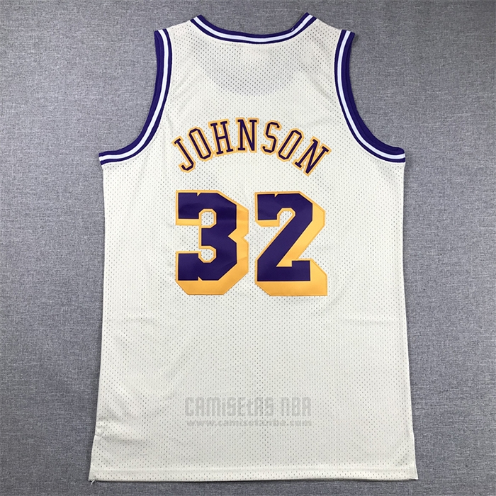 Camiseta Los Angeles Lakers Magic Johnson #32 Mitchell & Ness Chainstitch Crema